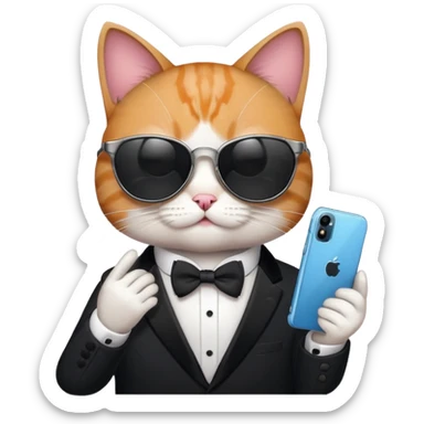 Cat with sunglasses and tuxedo while playing with a iphone 9 pro max sticker