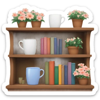 Cozy bookshelf with mugs and flowers  sticker