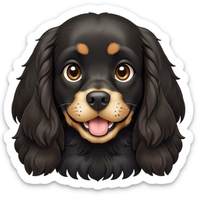 Cinematic Comical Black Cocker Spaniel Portrait Emoji, Head tilted dramatically with an exaggeratedly amused expression, featuring a shiny black coat with noticeable tan accents, wide, expressive dark eyes filled with playful disbelief, Simplified yet hilariously expressive features, highly detailed, glowing with a slightly sassy glow, high shine, dramatic yet playful, stylized with an air of cheeky mischief, bright and endearing, soft glowing outline, capturing the essence of a spirited and over-the-top companion, so meme-worthy it feels like it could side-eye its way into internet fame instantly! sticker