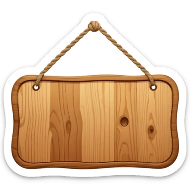 3D cartoon style wooden hanging signboard, smooth polished wood texture, rounded edges, detailed wood grain, thick twisted ropes going through holes on both sides, hanging rope knots visible, isolated on white background, soft shadow, high resolution, digital illustration, centered composition sticker