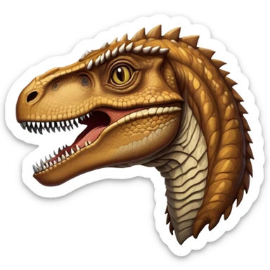 Cinematic Realistic Noble velociraptor/T-rex Portrait Emoji, Poised and imposing, with a massive, muscular build and a rugged, intricately scaled hide in ancient earthy tones, a sharply defined, fearsome head with piercing, primal eyes rendered in lifelike detail, high shine, intelligent and formidable, styled with an air of prehistoric authority, focused and attentive, soft glowing outline, capturing the essence of a watchful and confident velociraptor/T-rex that appears ready to roar out of the screen with timeless power! sticker