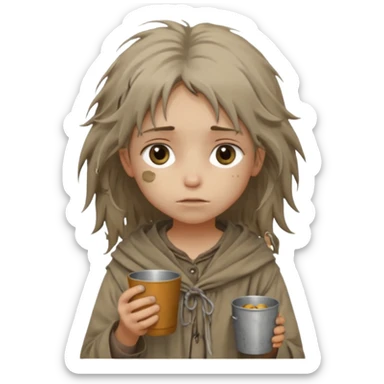 little beggar girl character, chest-up portrait, loose slightly messy hair, worn and oversized clothes in neutral earth tones, tired but gentle eyes, subtle dirt marks on face, holding small metal cups for coins, humble and innocent expression sticker