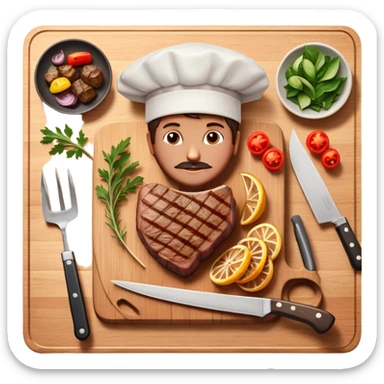 icon featuring a chef’s hat, a cutting board with fresh ingredients, a knife, a beautifully cooked ribeye steak, shashlik skewers, and a plate of food in the making. The design captures the passion of cooking with warm, inviting colors, and realistic textures. Transparent background. sticker