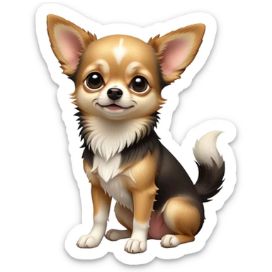 cinematic-[chihuahua dog]-realistic-full-body-sitting-emoji,-tail-resting-loosely-beside-its-paws,-head-tilted-dramatically,-scruffy-[black and tan and white]-fur,-simplified-yet-realistic-focused-features,-highly-detailed,-glowing-with-an-almost-sarcastic-glow sticker