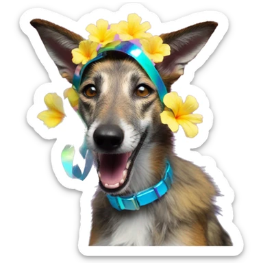  brindle fluffy lurcher Alsatian fox running blue eyes fluffy ears and iridescent holographic oilslick harness wearing paper iridescent tropical flower crown yellow caution tape neon sign sticker