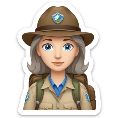 white woman park ranger with blue eyes, brown and gray hair, wearing a backpack sticker