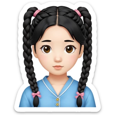 Korean girl, cute girl,  braided pigtails tied down, black hair sticker