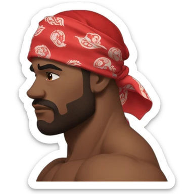 muscular man in red bandana standing sideways turns his head to face the viewer,his hand is bent in the elbow,torso sticker