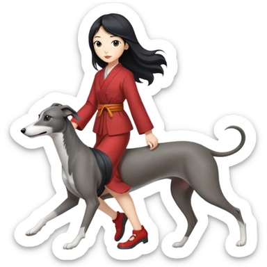 Japanese girl with flowing hair walking a grey greyhound sticker