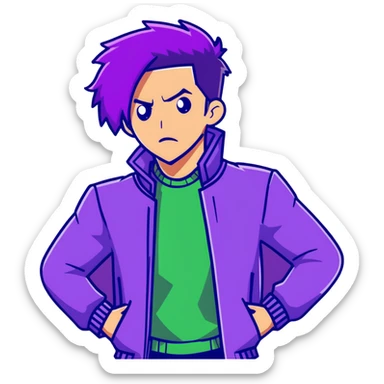Fashionable man with purple hair and green jacket, bold expression, powerful pose inspired by Thanos sticker