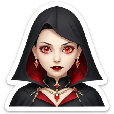 vampire village woman portrait, head and shoulders only, dark gothic cloak collar, sharp fangs, red glowing eyes, elegant yet eerie expression, subtle jewelry, 3D cartoon, mobile game icon style, clean background, no text, no watermark sticker