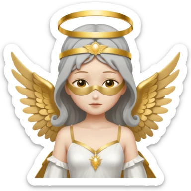 angel with gray skin, blindfolds, no eyes, with two large wings, with a white and golden dress, with a golden halo sticker