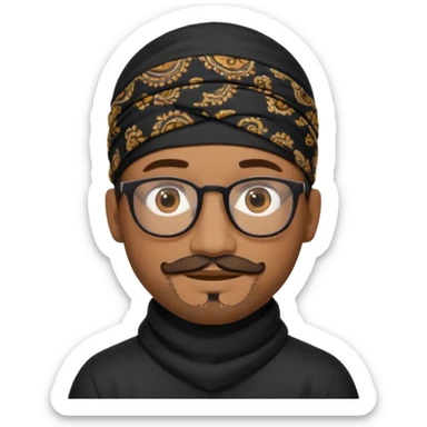 A friendly person with medium-brown skin, large warm brown eyes, thin rectangular glasses, a short mustache and small goatee, wearing a black paisley bandana. Rounded face, calm slight smile. Head-and-shoulders emoji style, bold outlines, simple shapes, bright colors, transparent background. sticker