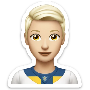 Jesse Maley pretty older white Swedish looking Playboy model stylefemale with platinum blonde, pixie, cut haircut and golden skin and aleeds united shirt and badge sticker