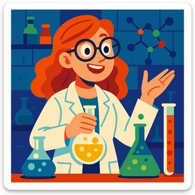 red-haired female chemistry professor wearing white lab coat and glasses, expressive illustration style, laboratory ambiance sticker