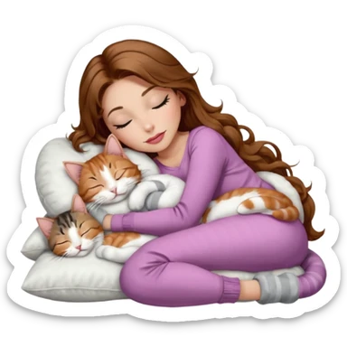 girl with long wavy brown hair, brown eyes, long lashes makeup, sexy pink lips, light to medium complexion,  sleeping on a cozy pillow, with 6 cats: 1 brown and white tabby cat, 1 ginger and white, 2 grey and white, 1 grey with white mittens and small white patch on chest and 1 calico, sleeping sticker