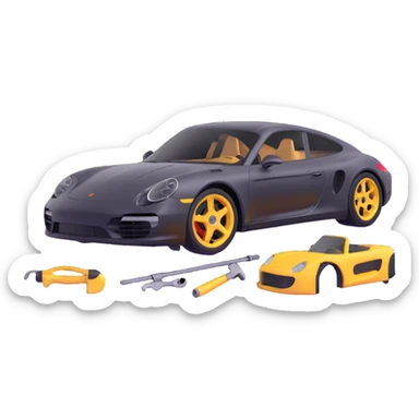icon of a Porsche luxury car with a clearly visible dent or damage on the bodywork, with bodywork reconstruction tools like a lever, small hammer, and repair equipment positioned to show active repair, elegant and modern sticker