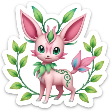 Rosy floral romantic cute pastel Sylveon-Celebi-Leafeon-Pokémon-Digimon-Fakémon-hybrid-fusion-creature with vines entangled around sticker