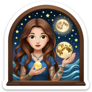 moon mystic woman long wavy brown hair tattoos opening tiny light box sticker
