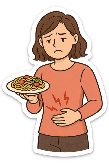DONNA CON PIATTO DI PASTA IN MANO E MAL DI PANCIA, FA FATICA A DIGERIRE sticker