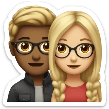 a girl with bright blonde straight hair and brown eyes kissing a boy with dark brown hair and he wears glasses sticker