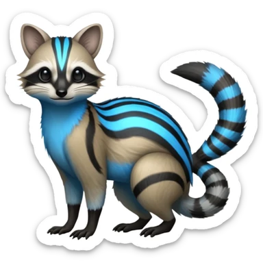 White and blue and grey and black neon glowing bioluminescent Genet-Numbat-Cacomistl-Tamarin-Tanuki-fusion-hybrid (full body) sticker