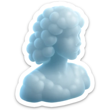 person looking straight, composed entirely of bright, puffy clouds, shoulder length, matte glass style sticker