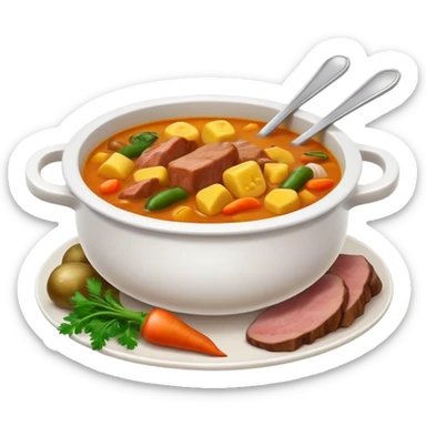 Cinematic Realistic Sancocho Soup Dish Emoji, featuring a rich, hearty stew with diverse meats and vegetables rendered with lifelike detail and warm, comforting lighting. sticker