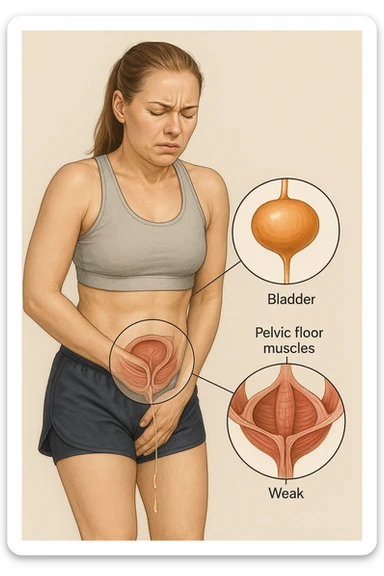realistic anatomical illustration of a woman in sportswear inspired by reference photo, showing urinary incontinence from weak pelvic floor: highlighting bladder and pelvic muscles, medical style, neutral background sticker