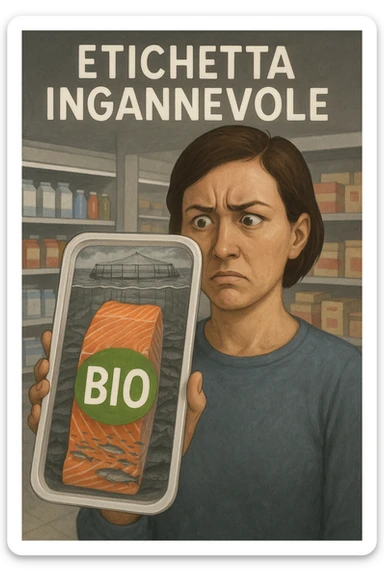 Scena in un supermercato moderno: uomo o donna tiene in mano una confezione di salmone etichettata 'BIO', con un grande bollino verde. Ma in trasparenza, dietro l’etichetta, si intravede un allevamento intensivo di salmoni in gabbie marine, acqua torbida e pesci ammassati. Espressione del cliente confusa e sospettosa. Sopra la testa, testo simbolico fluttuante: 'Etichetta ingannevole'. Colori contrastanti: confezione brillante ma realtà di fondo grigia e artificiale. Stile realistico con elementi simbolici forti realistico sticker