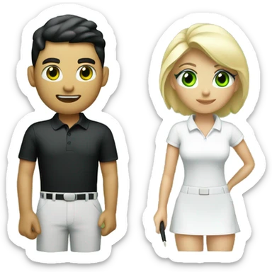 Blond white men green eye wearing white golf outfit and black hair brown eye woman wearing black golf outfit playing golf. sticker