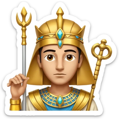 A regal pharaoh with golden headdress, calm stern eyes, and holding a crook and flail with authority.
 sticker