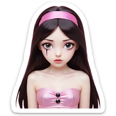 girl with white skin, dark brown long straight hair falling in front of her body, pouty shiny lips without cupid's bow, shiny large eyes with black eyeballs and long eyelashes, lighter button nose, very long oval-shaped face, wearing a pink bandeau top with straight neckline, looking directly at camera with hands down at sides sticker