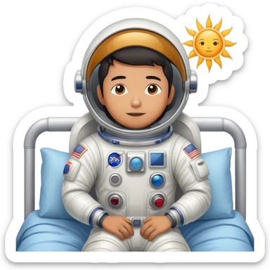 Asian man wearing in astronaut wakeup from the bed with a sun sticker
