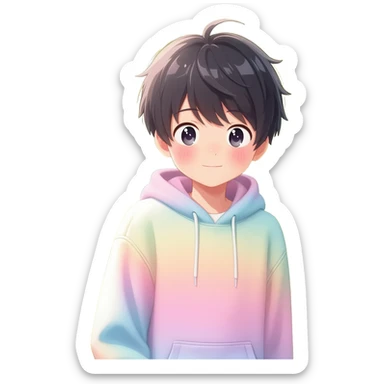 Gorgeous bright sparkly romantic Asian anime pastel guy with blushing face aesthetic trending style outside sticker