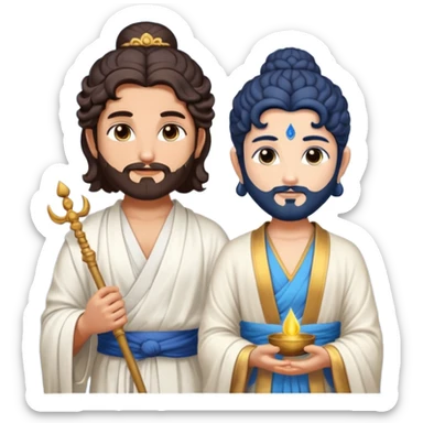 Create a Jesus - long wavy dark-brown hair, short beard, wearing a simple white robe., Krishna- blue skin with dark curled hair , and Buddha standing together. Buddha: warm golden or light tan skin, dark curled hair with a traditional top bun (ushnisha)

 sticker