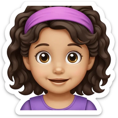 smiling toddler face with big eyes, medium skin tone, dark wavy hair, and a hair band sticker