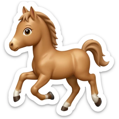 3D Apple-style emoji of a running foal. Small young horse with light brown body, short mane, big eyes, rounded and glossy, smooth shading, white background.

 sticker