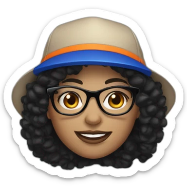 fair skinned woman with black curly hair and Mets hat and glasses sticker