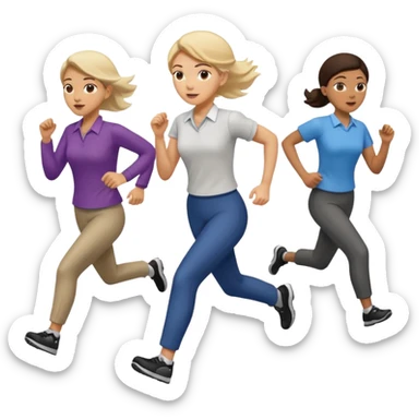 a female co-worker running and other co-workers chasing her -- the other co workers are tiny and in the distance and they are male and female sticker