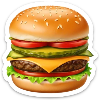 Cinematic juicy cheeseburger, perfectly grilled patty, melted cheese, crisp lettuce, tomatoes, and pickles, soft sesame seed bun, glossy and rich, warm glowing background, ultra-detailed and appetizing. sticker