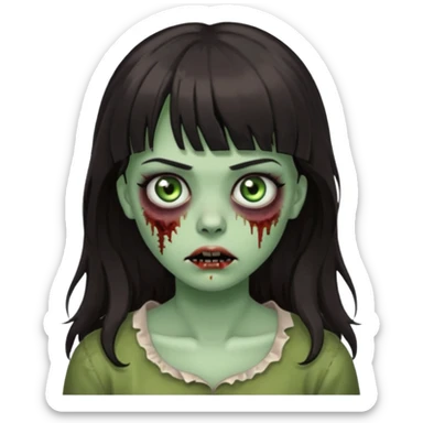 Zombie girl, with bangs above her eyebrows, her dark hair, thin eyebrows. Long hair and Wavy sticker
