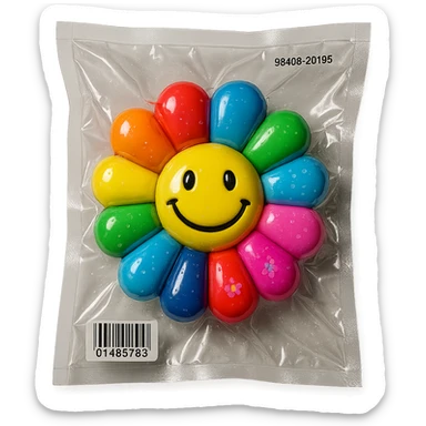 tiny multicolored flowers, shiny and inflated, vacuum-sealed style sticker