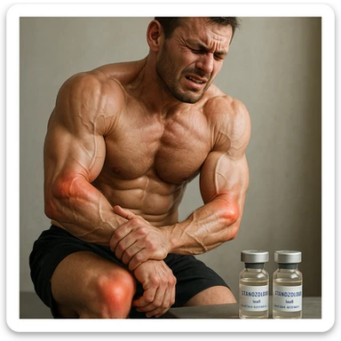 realistic and anatomical crossfit athlete with swollen and painful joints; muscles emphasized; expression of discomfort; vials labeled 'Stanozololo' nearby; natural lighting; neutral background sticker