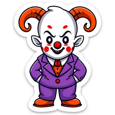 demonic clown wearing a leisure suit, bald with ram horns sticker