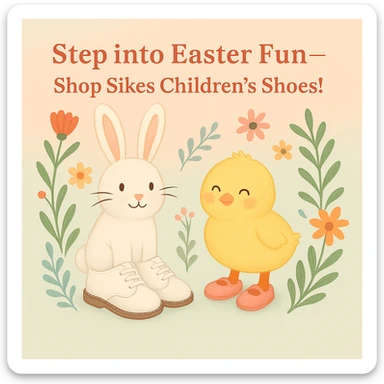 Edit the Easter-themed Instagram post so the rabbit is wearing shoes that closely resemble the provided white children's shoe (classic lace-up style, white leather, brown sole). Keep the pastel background, bunny and chick with shoes, floral accents, and the headline: 'Step into Easter Fun—Shop Sikes Children’s Shoes!'. No logo present. sticker