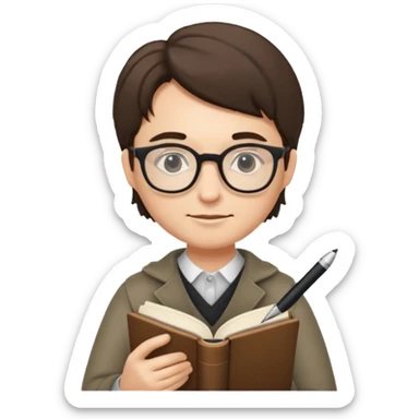 writer holding pen and book, wearing glasses sticker