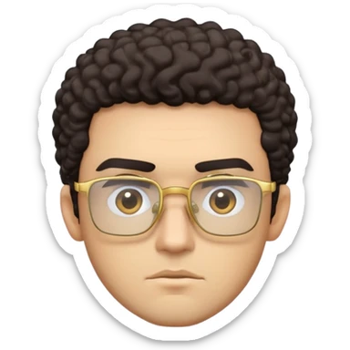 Man with angular square face, thick straight eyebrows, dark curly short hair, light stubble, neutral serious expression, wearing large square gold glasses sticker