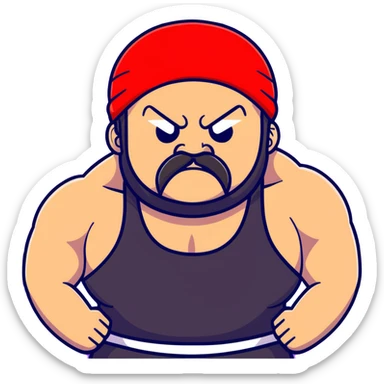 Close-up of very fat white skin guy with young face, beard and mustache, no muscle with prominent black durag, black eyes in a red and black wrestling singlet with angry face sticker