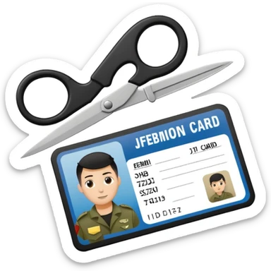 Floating black Scissors cutting in half an idf soldier ID card with a little chip in 2 parts sticker